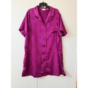 Cabernet Woman Fuchsia Pink Floral Jacquard Satin Nightshirt 2X Short Sleeve